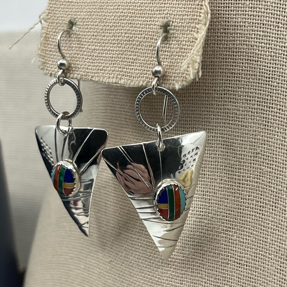 90's Handmade Sterling Silver Sail-Inspired Earrings with Multicolored Inlay - Picture 11 of 17